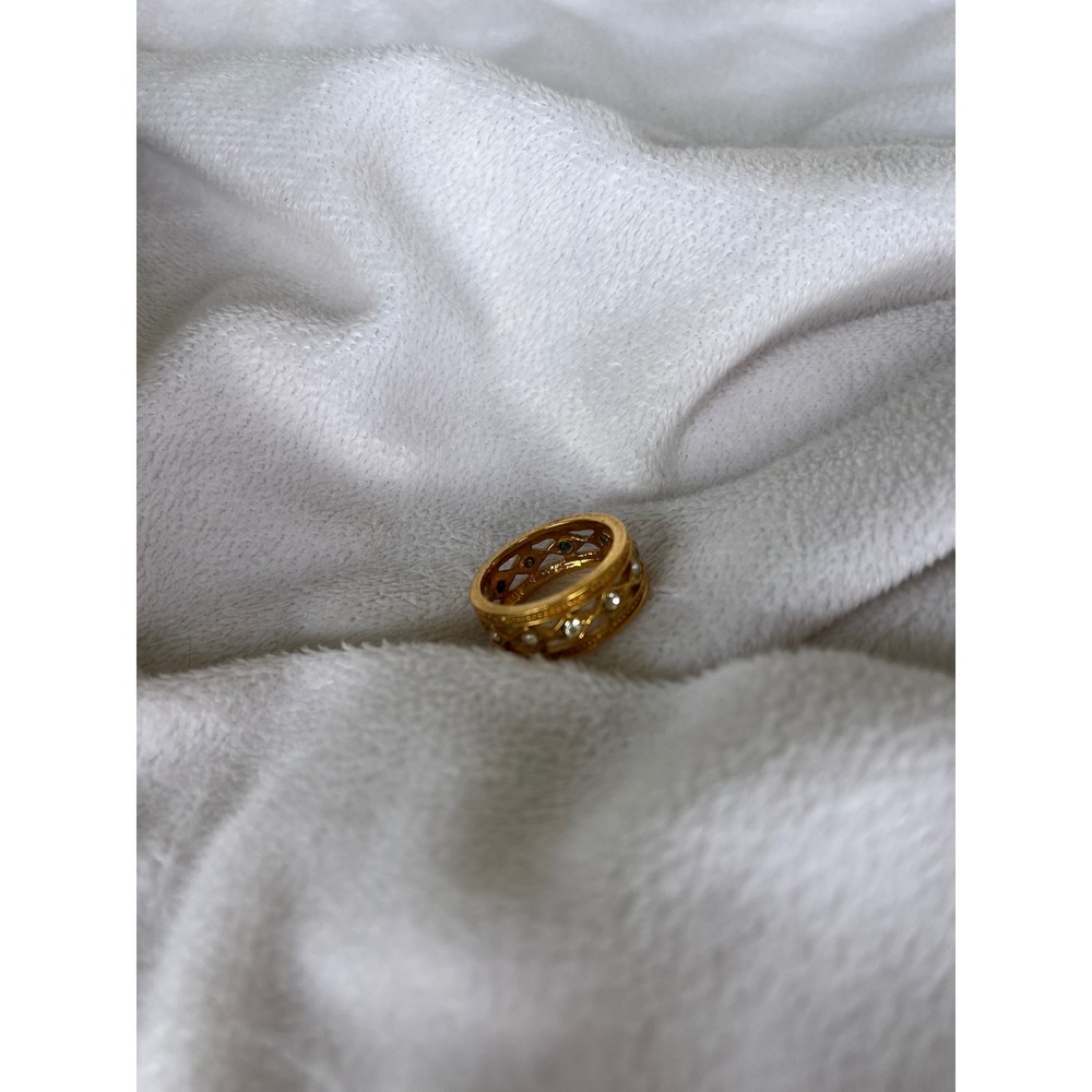 Vintage Style Gold Tone Lattice Band Ring with Clear Crystal Accents Wide Band